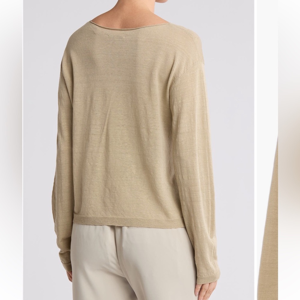 Vince NWT Taupe Linen Blend Dropped Shoulder Long Sleeve Boat Neck Knit Sweater